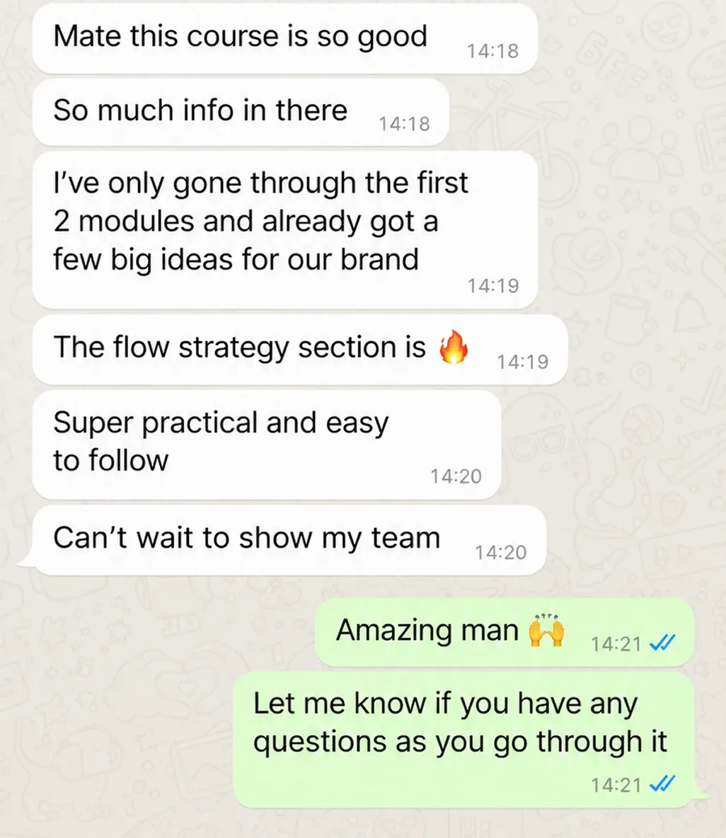 WhatsApp chat. Buyer: “Mate this course is so good. So much info in there. I’ve only gone through the first 2 modules and already got a few big ideas for our brand. The flow strategy section is 🔥. Super practical and easy to follow. Can’t wait to show my team.” Reply: “Amazing man 🙌 Let me know if you have any questions as you go through it.”