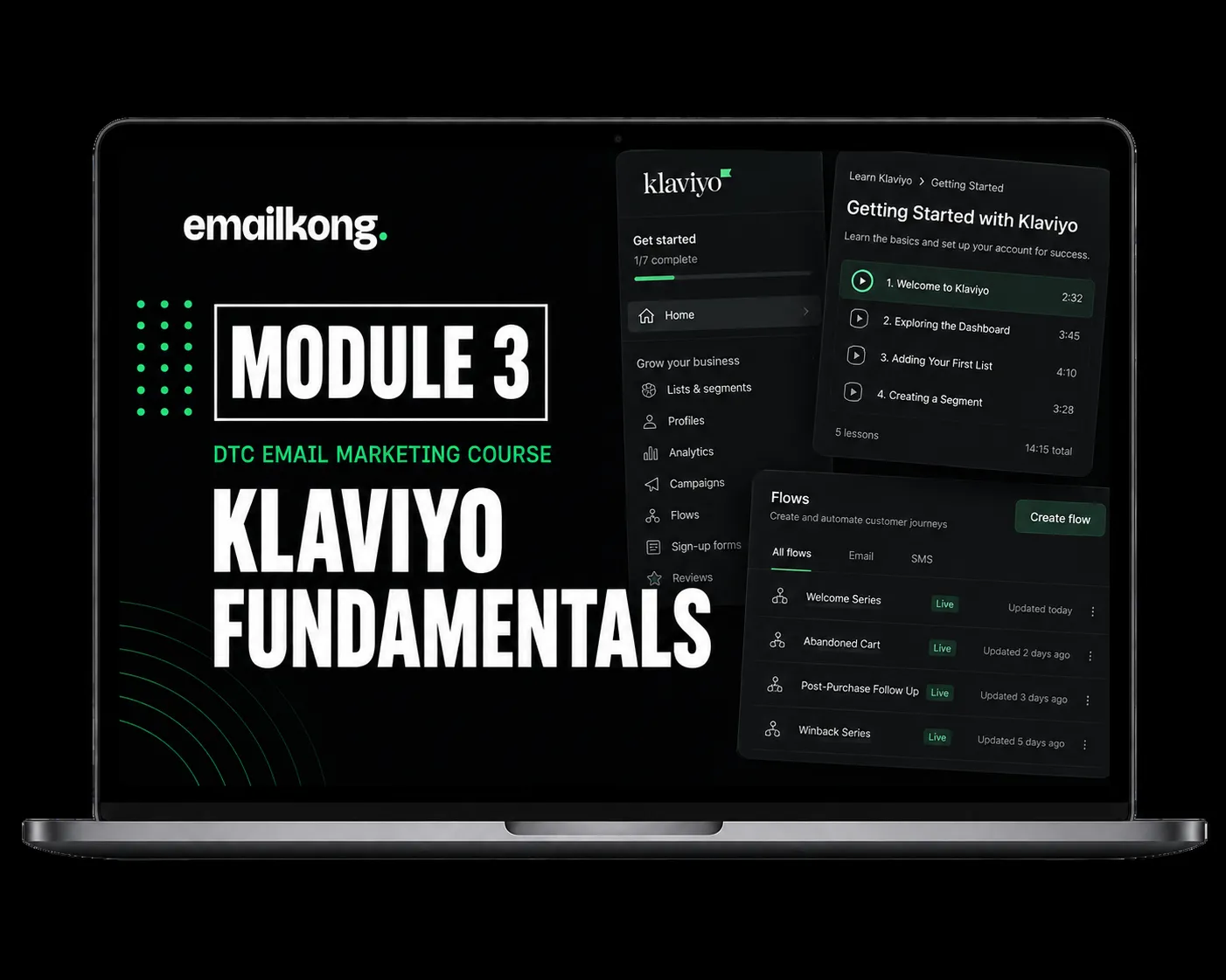 Module 3 title slide on a laptop: Klaviyo Fundamentals, beside Klaviyo's Getting Started lesson list and a list of live flows