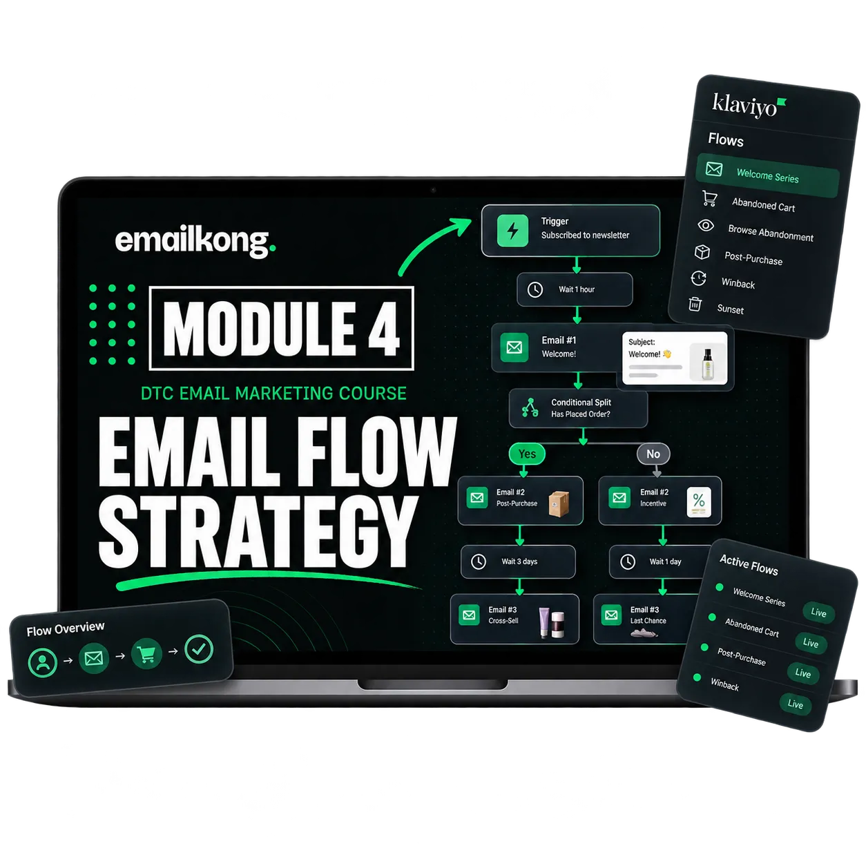 Module 4 title slide on a laptop: Email Flow Strategy, beside a built Klaviyo flow with a trigger, waits, a conditional split and three emails