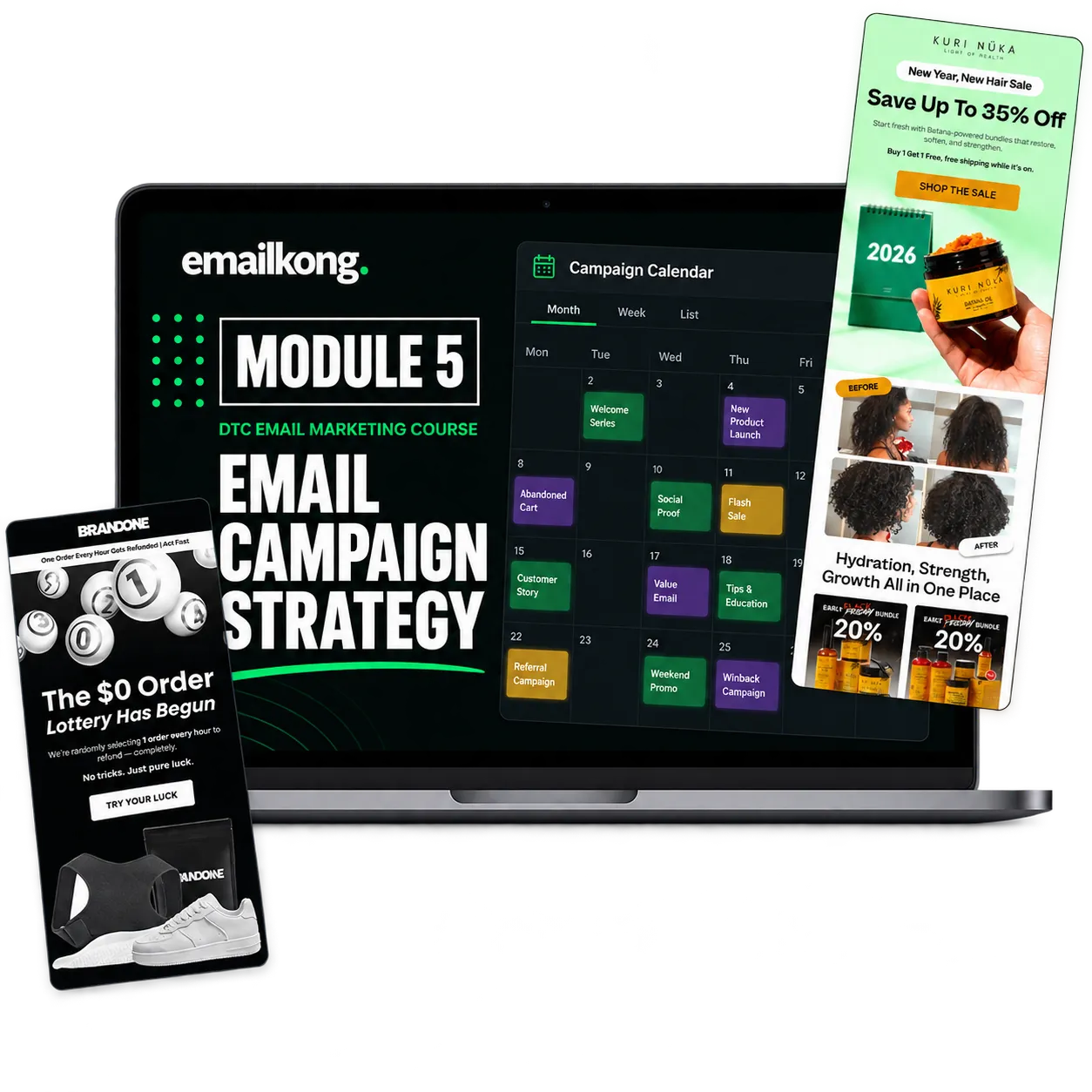 Module 5 title slide on a laptop: Email Campaign Strategy, beside a month of planned campaigns on a calendar and two finished promotional emails on phones